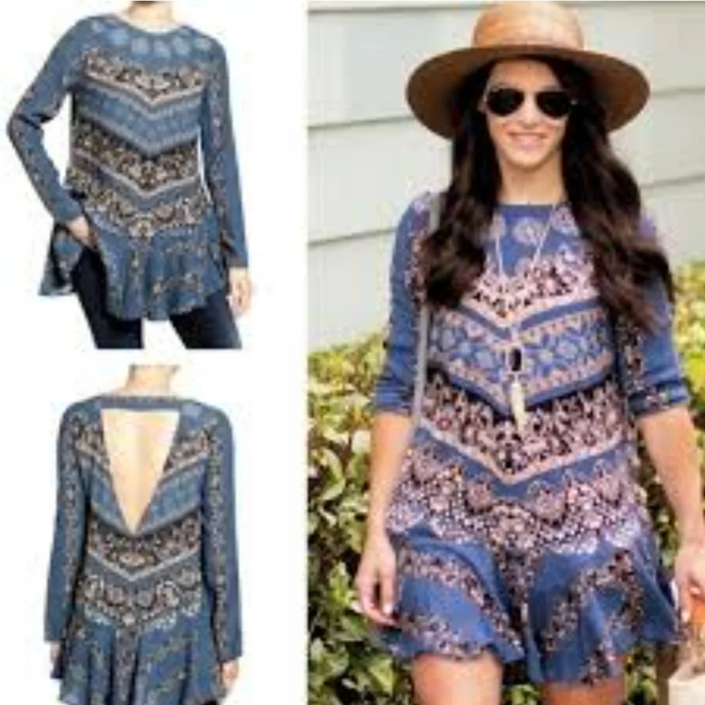 Free People Smooth Talker Tunic Sz M Blue Floral Open Back
